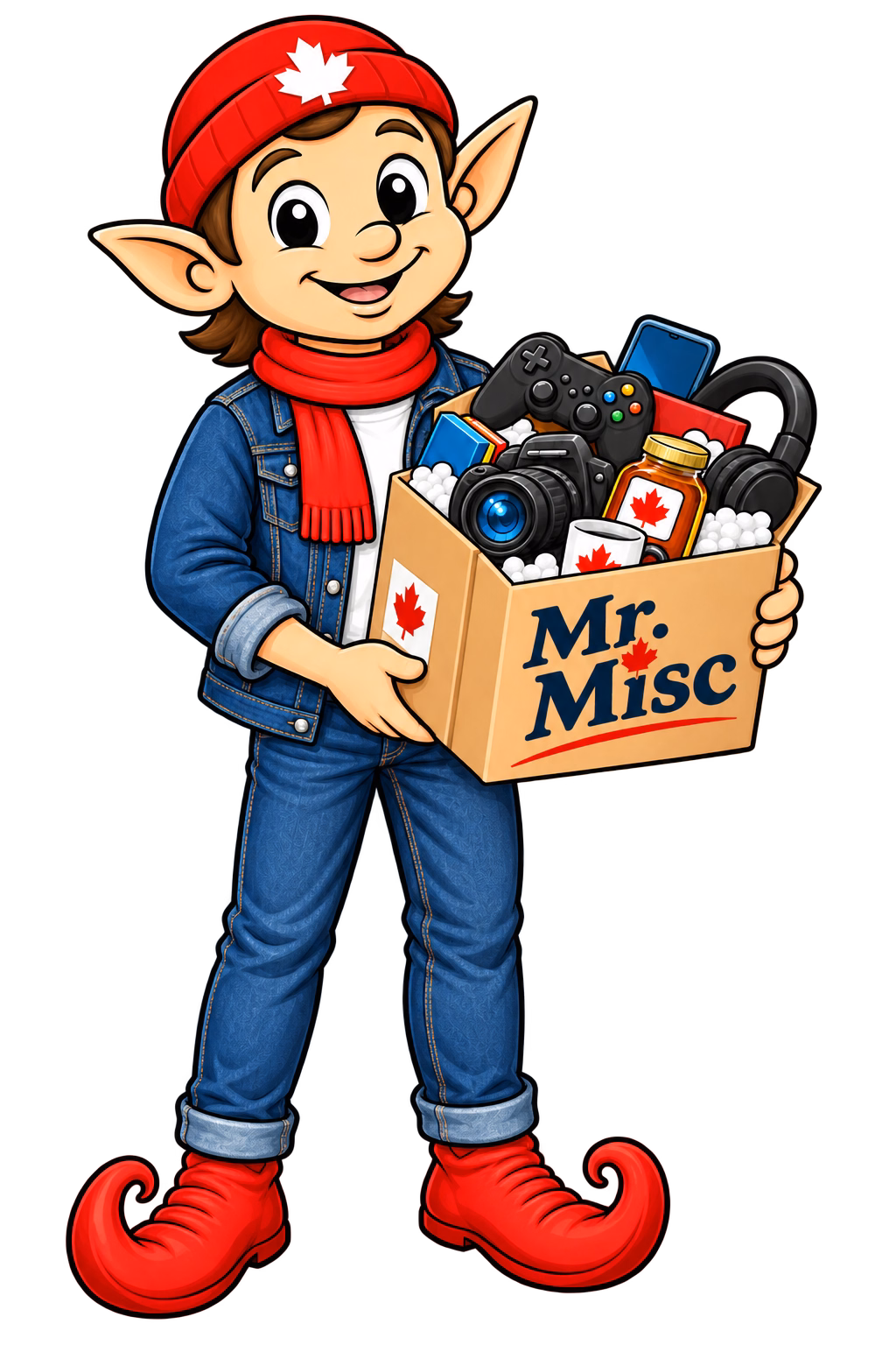 Mr. Misc mascot delivering a Mr. Misc branded box