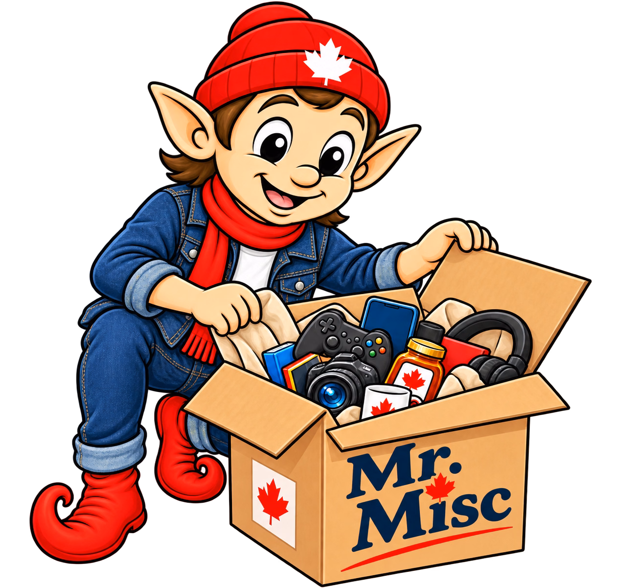 Excited Mr. Misc mascot opening a Mr. Misc branded box full of products