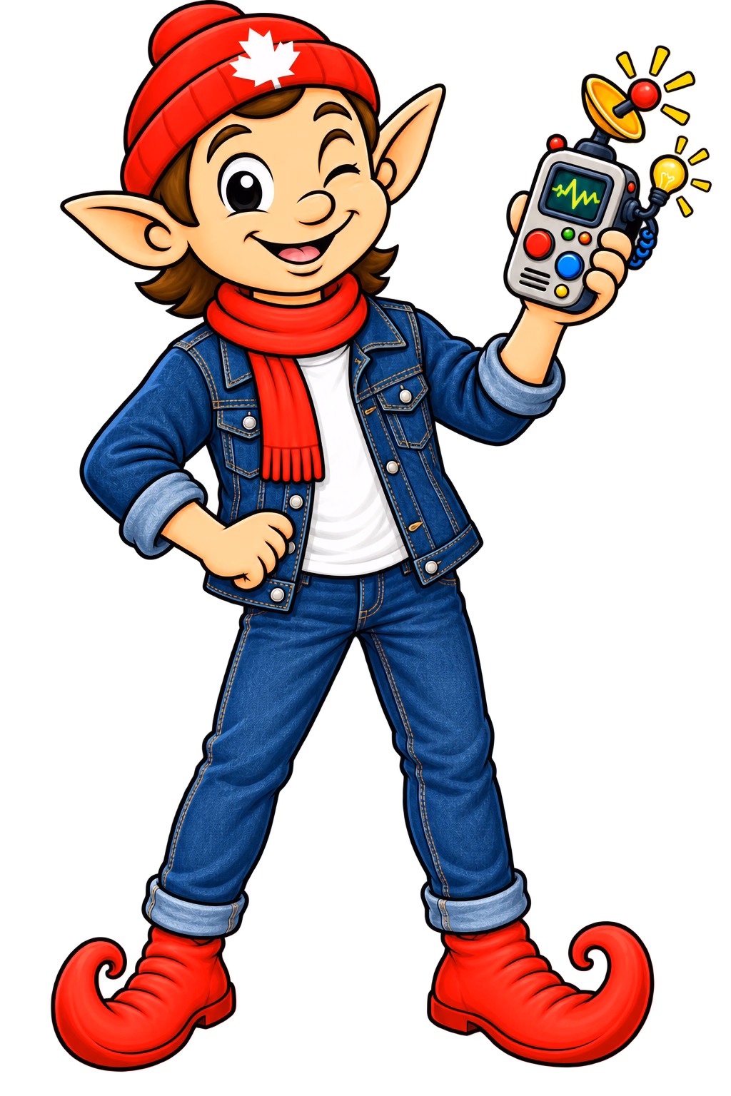 Winking Mr. Misc mascot holding a whimsical gadget
